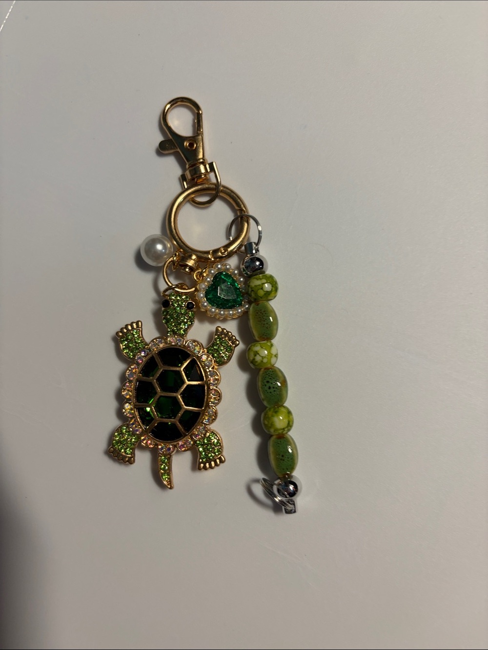 Gold-Tone Green Turtle Purse Charm or Keychain with Beaded Accent